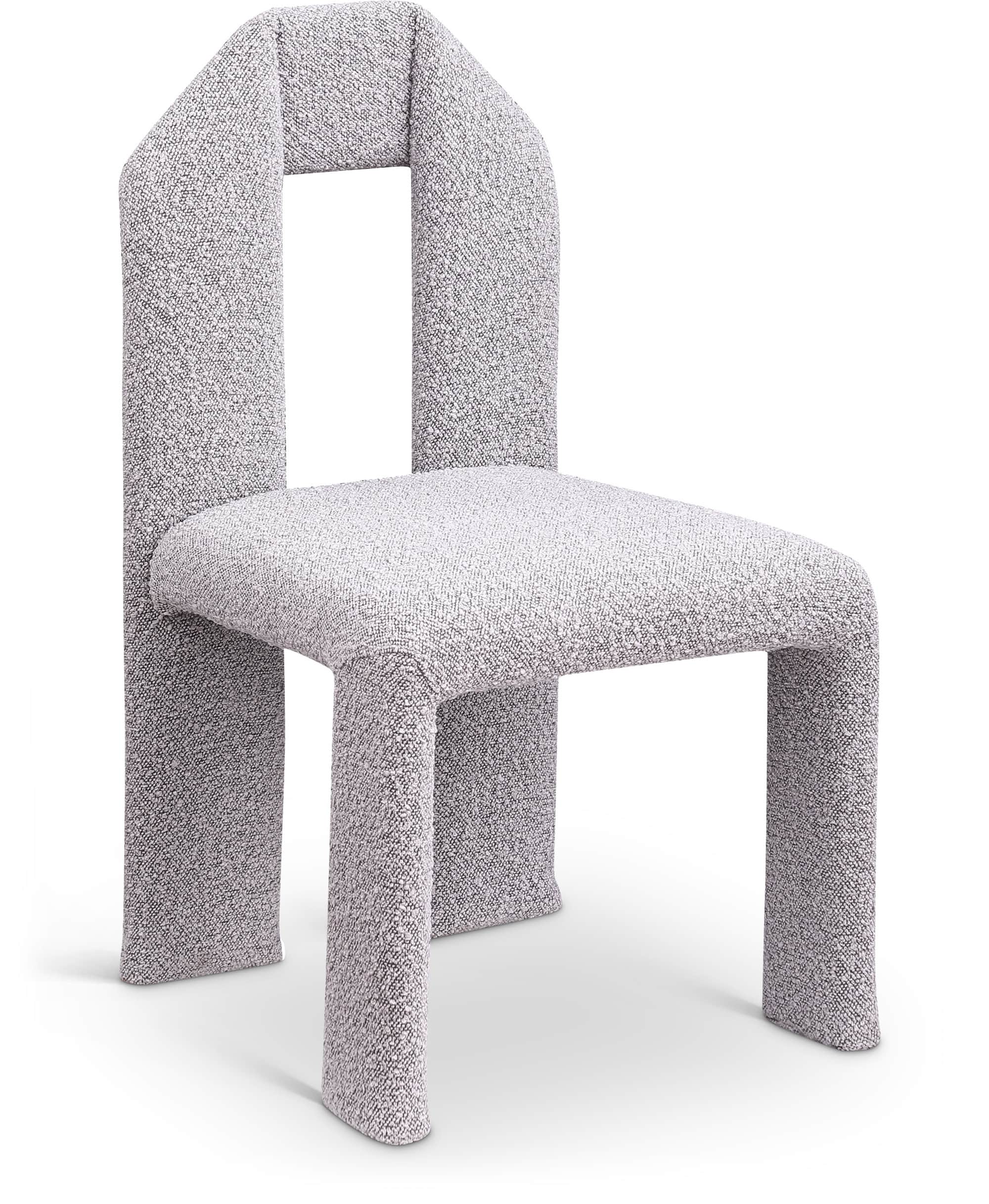 A contemporary fully upholstered chair with an distinctive arch-shaped backrest, rendered in a light… — 3D model