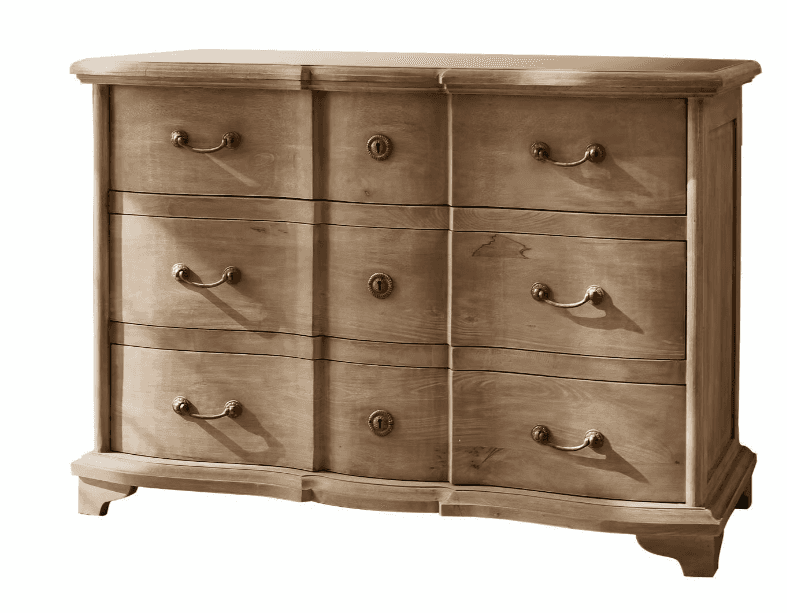 A light-colored wooden chest of drawers featuring a serpentine or bombé-style front, ornate brass ha… — 3D model