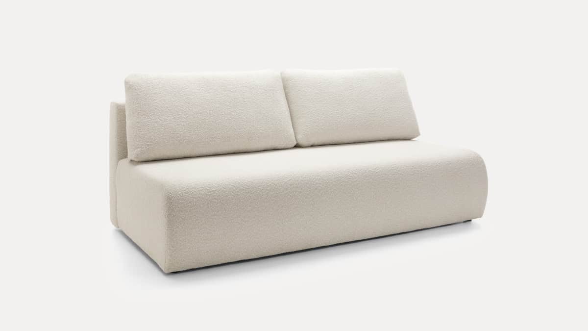 An armless two-seater loveseat upholstered in a textured, off-white bouclé fabric. It features a low… — 3D model