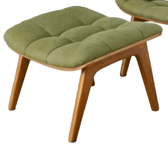 A tufted ottoman with a wooden frame and four tapered legs. The upholstery is a soft green fabric. — 3D model