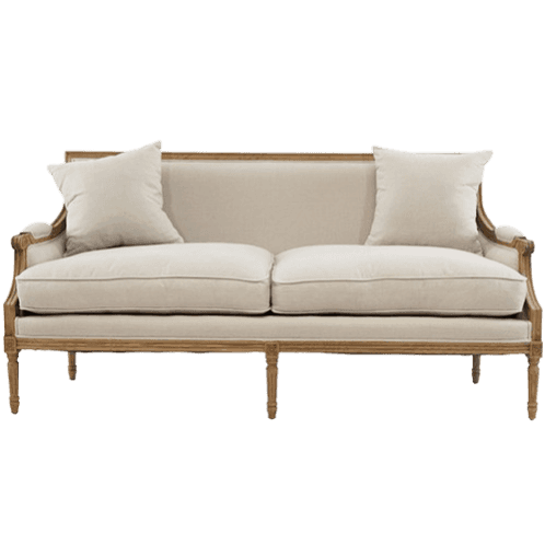 A French Provincial style loveseat featuring an exposed light-toned wooden frame with carved details… — 3D model