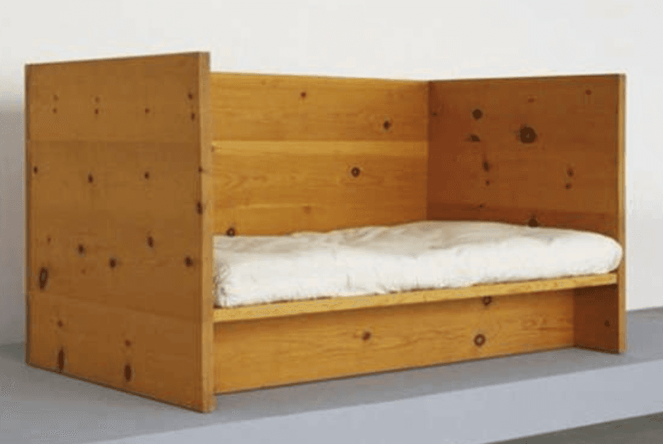 A minimalist daybed crafted from light-colored pine wood, featuring a simple three-sided enclosure.… — 3D model