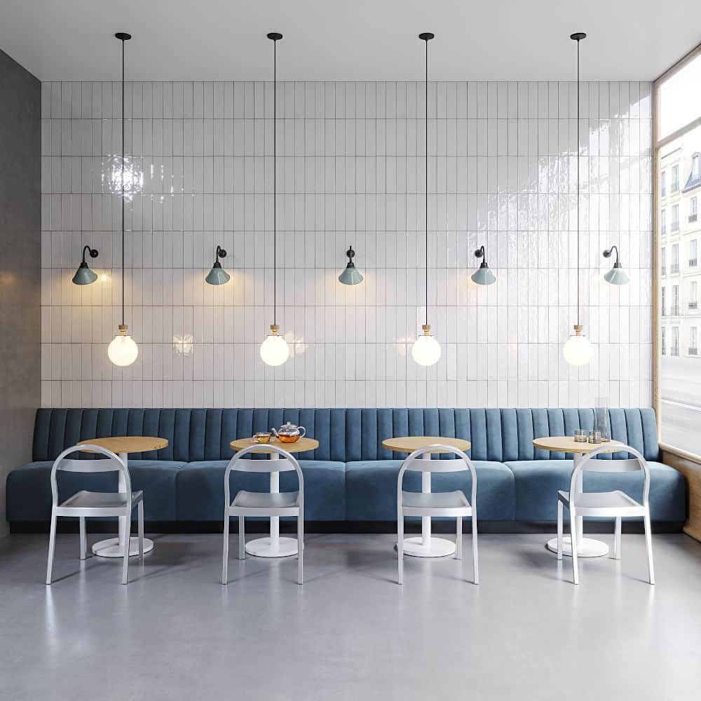 A commercial booth seating arrangement featuring a long, linear bench with a channel-tufted backrest… — 3D model