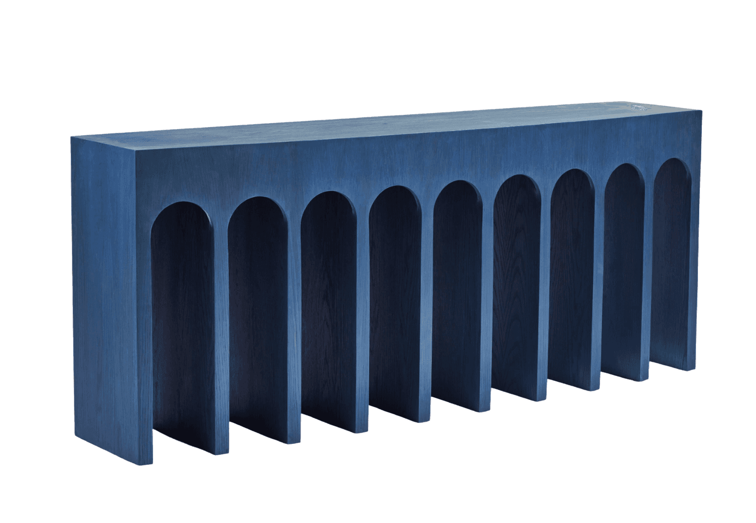 A console table with a long, rectangular top and a base featuring a series of arched openings remini… — 3D model
