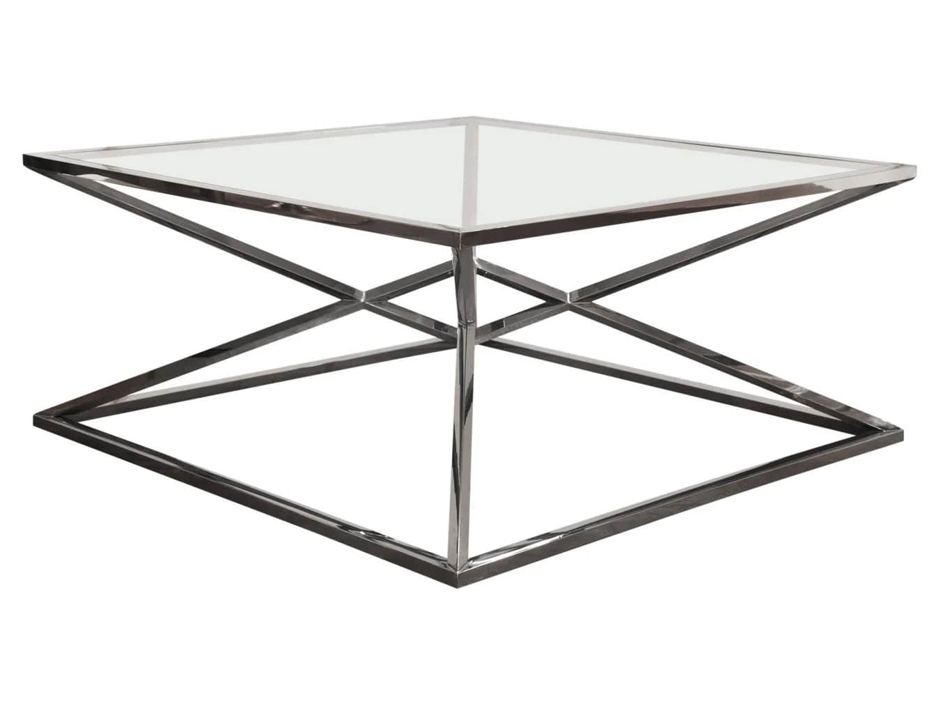 A contemporary square coffee table featuring a clear glass top and a polished chrome-plated metal ba… — 3D model