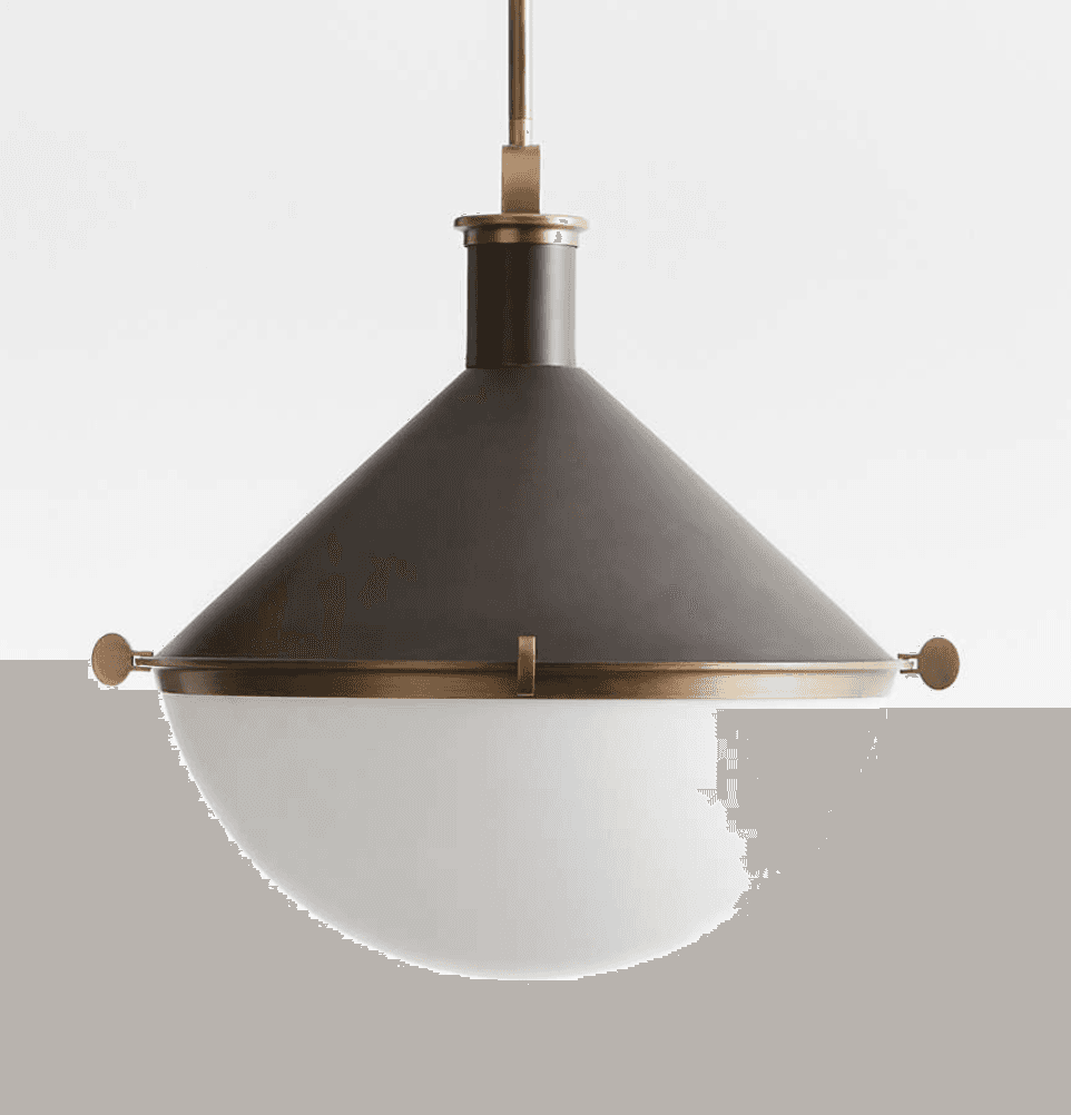 A contemporary pendant light featuring a dark gray or bronze conical metal shade accented with brass… — 3D model