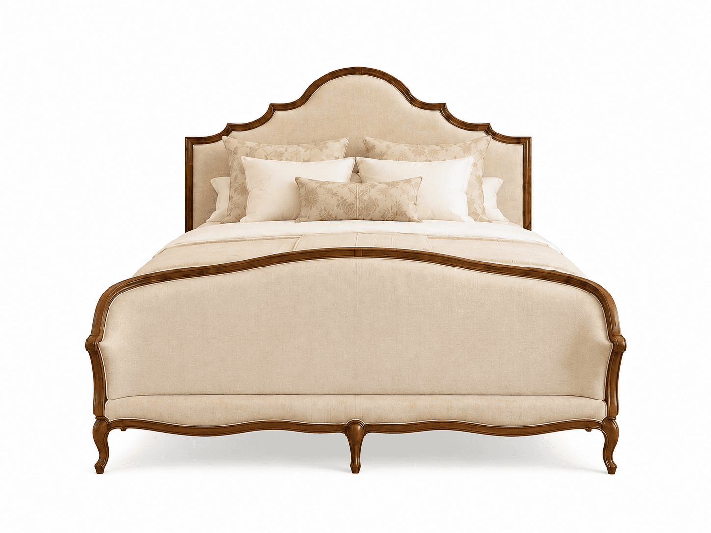 A French Provincial style upholstered panel bed featuring a scalloped headboard and a curved footboa… — free BLEND 3D model
