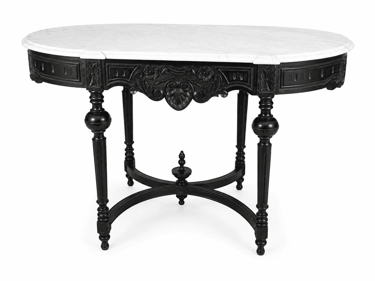 An oval-topped console table with a marble surface and a dark, intricately carved wooden base. The b… — 3D model