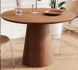 A modern round table featuring a thick tabletop and a tapering, conical pedestal base, both construc… — 3D model