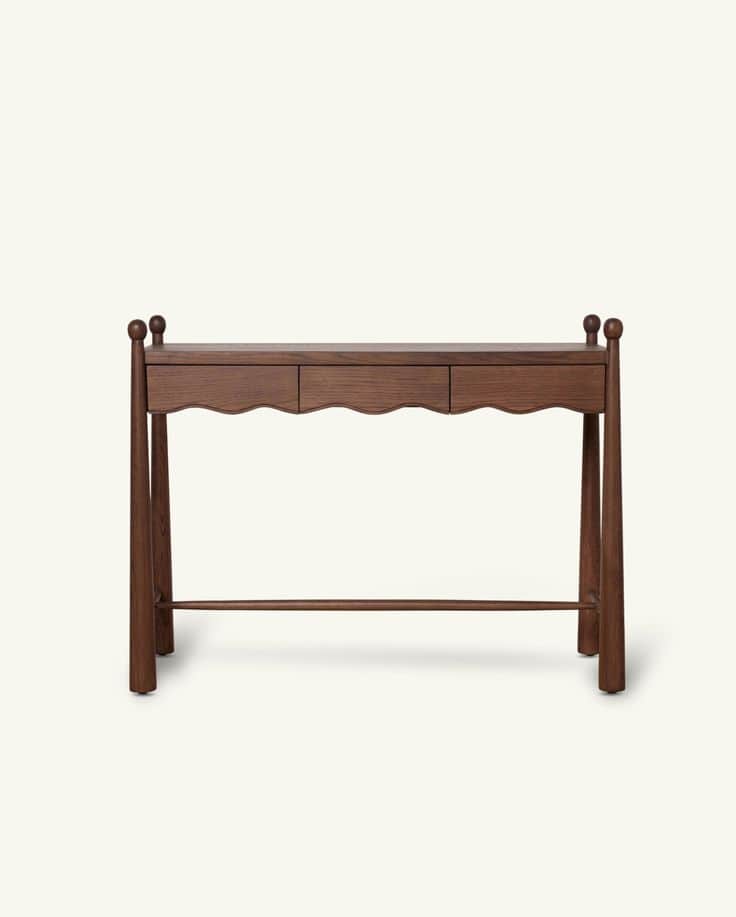 A long and narrow dark brown wooden console table featuring a rectangular top. It includes two drawe… — 3D model