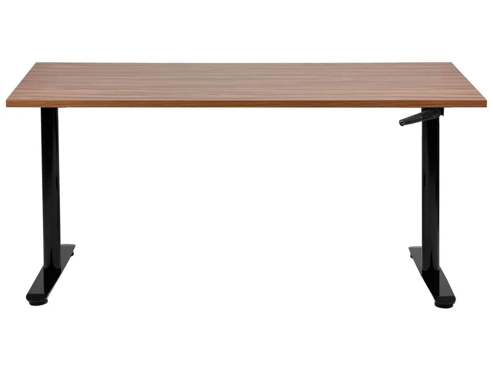 A modern height-adjustable desk with a rectangular wooden laminate top and black metal legs. The des… — 3D model