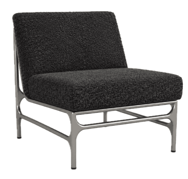 A contemporary armless lounge chair featuring a dark gray, highly textured boucle-like upholstery se… — 3D model