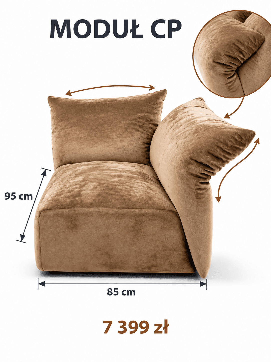 An armless modular lounge chair module upholstered in a soft, camel-colored velvet fabric. The chair… — 3D model