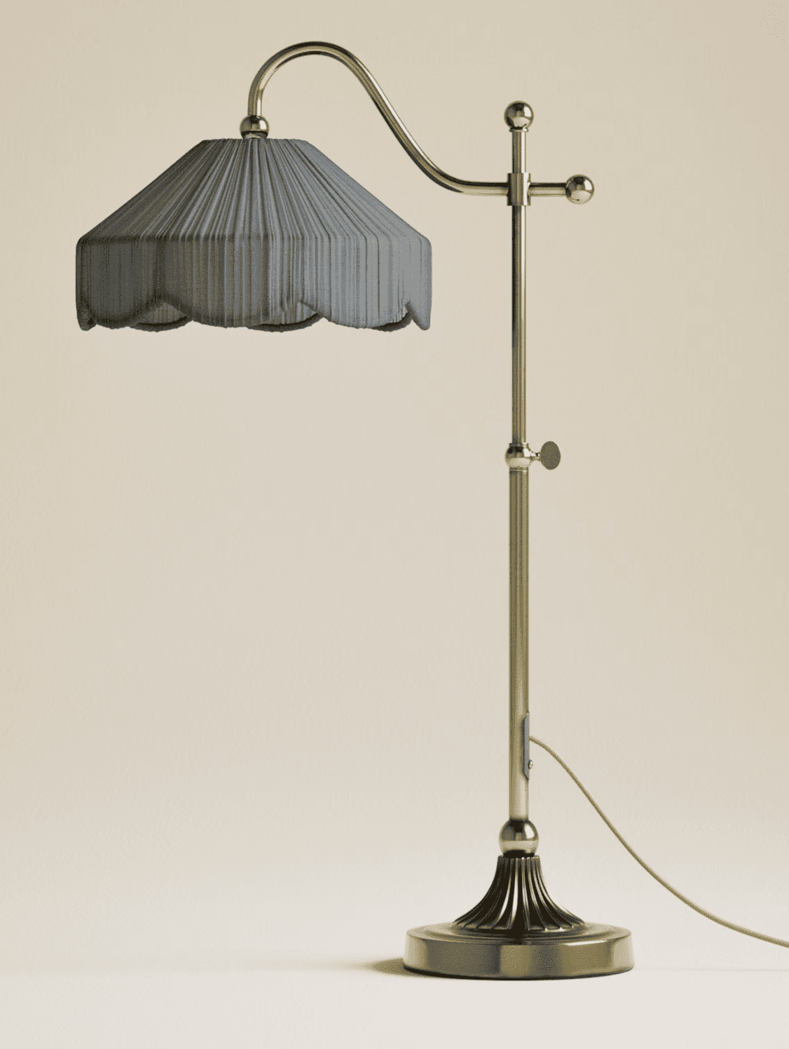 An adjustable table lamp featuring a polished brass-toned metal body and a pleated fabric shade. The… — 3D model