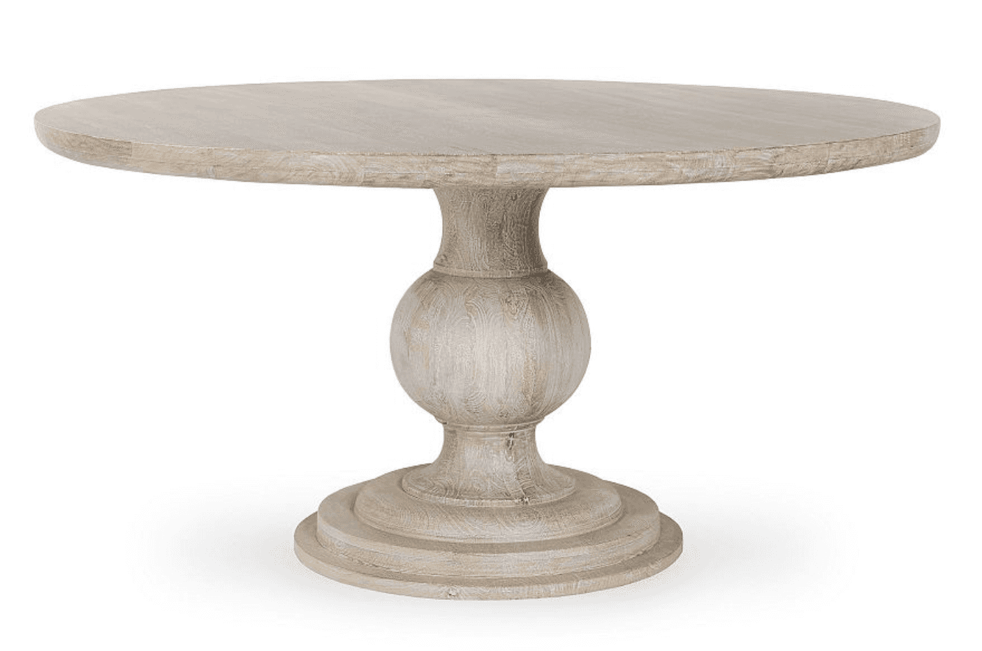 A round dining table constructed from whitewashed wood, featuring a prominent turned pedestal base a… — free BLEND 3D model