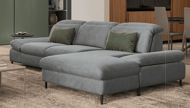An L-shaped contemporary sectional sofa upholstered in light grey fabric, featuring adjustable headr… — 3D model