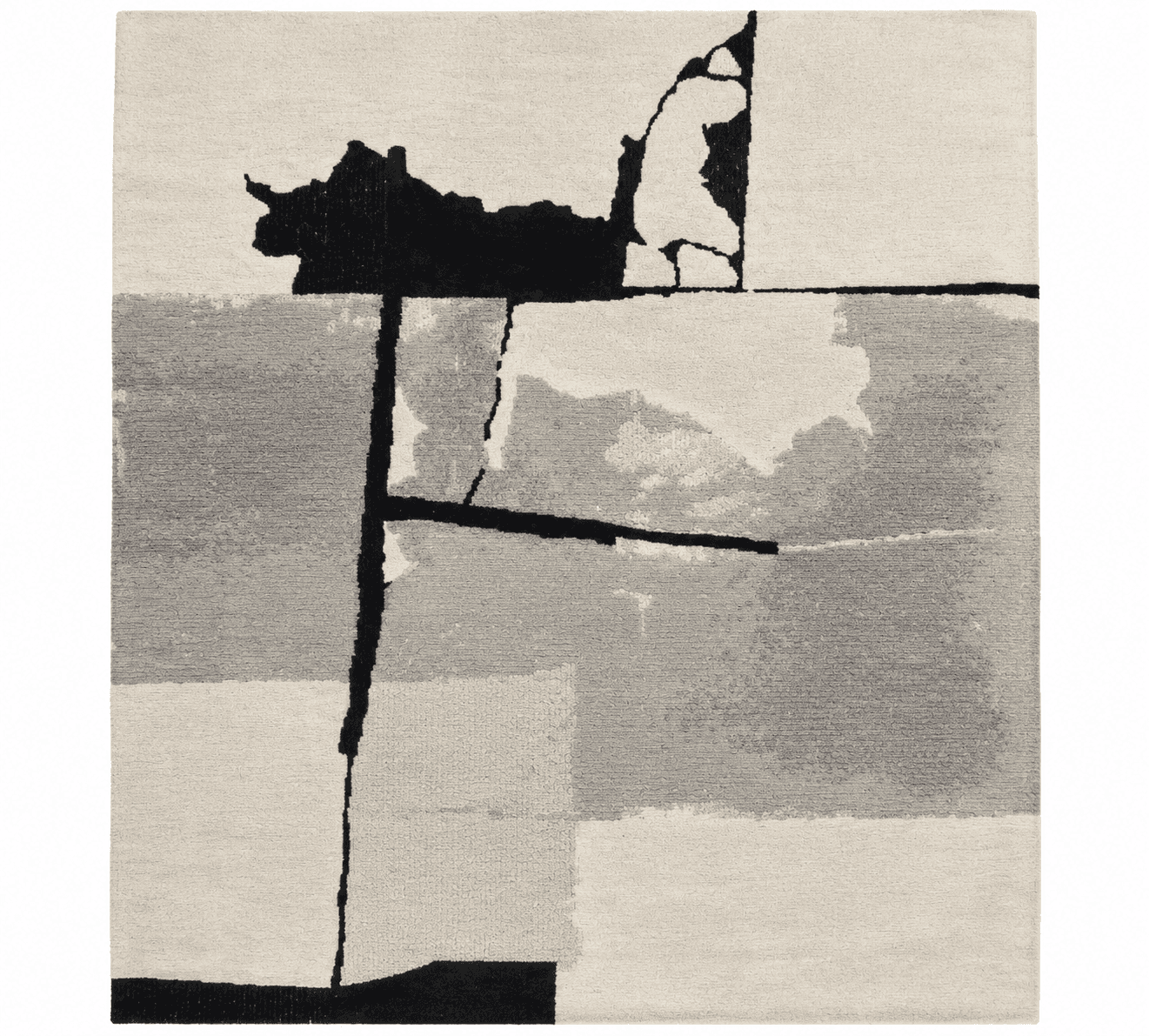 A rectangular area rug featuring an abstract geometric design in a monochromatic palette of off-whit… — 3D model