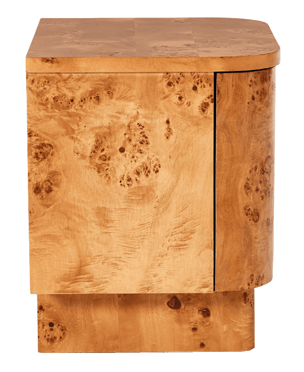 A compact, curved nightstand constructed from wood burl veneer. The top surface has a rounded edge a… — free BLEND 3D model