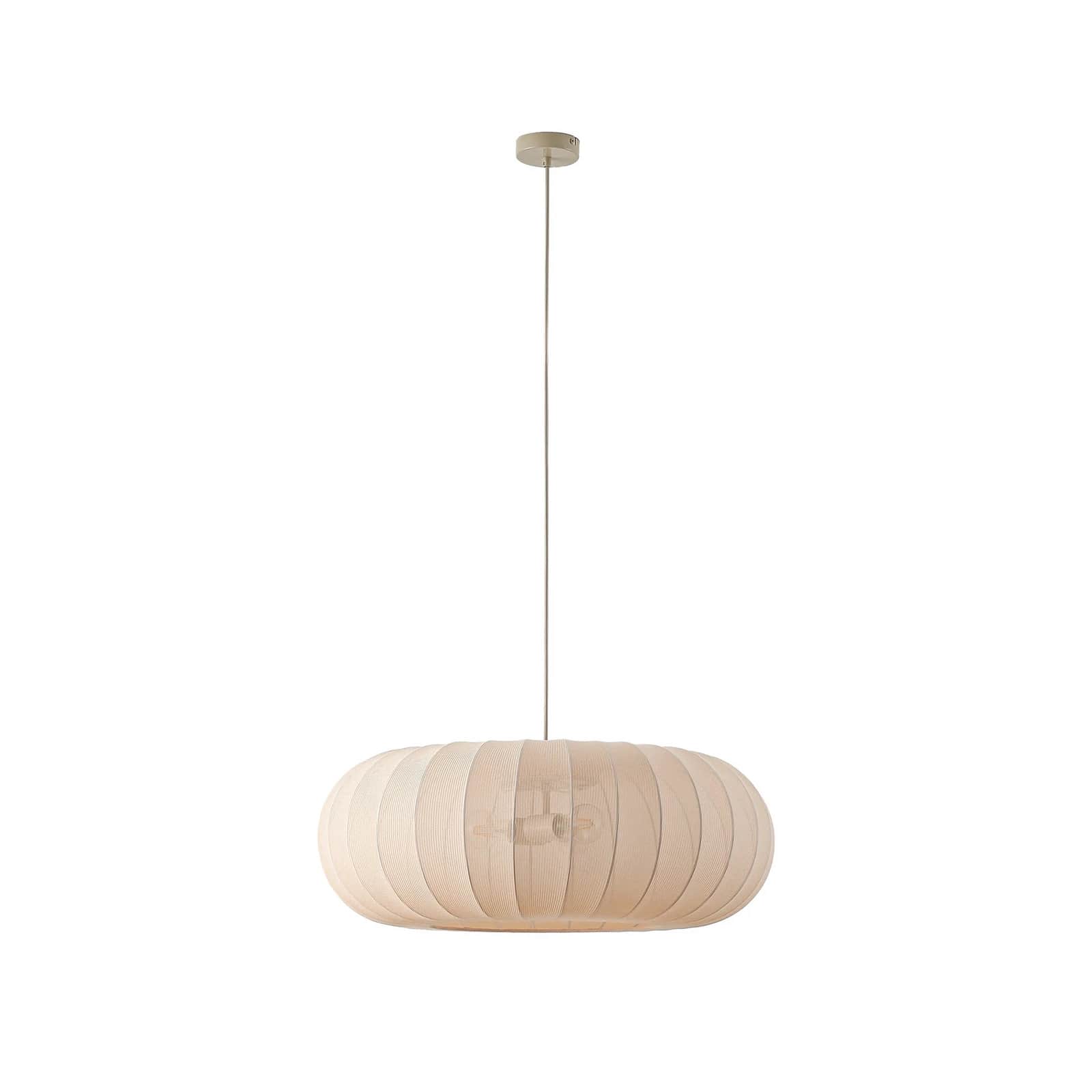 An elongated, capsule-shaped pendant light suspended from a single cord, featuring a light-colored,… — 3D model