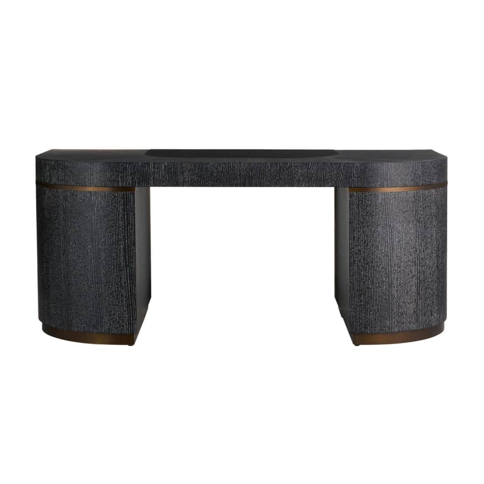A modern executive desk with a dark, textured finish and curved pedestal bases. It features a rectan… — free OBJ 3D model