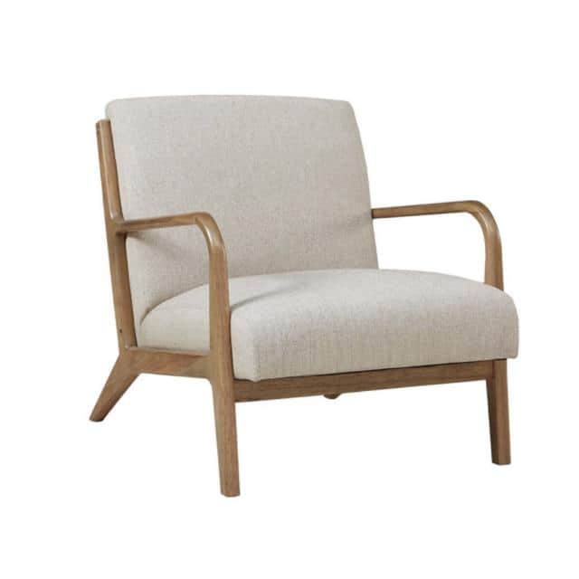 A contemporary upholstered accent chair featuring a light, neutral fabric and an exposed natural woo… — 3D model