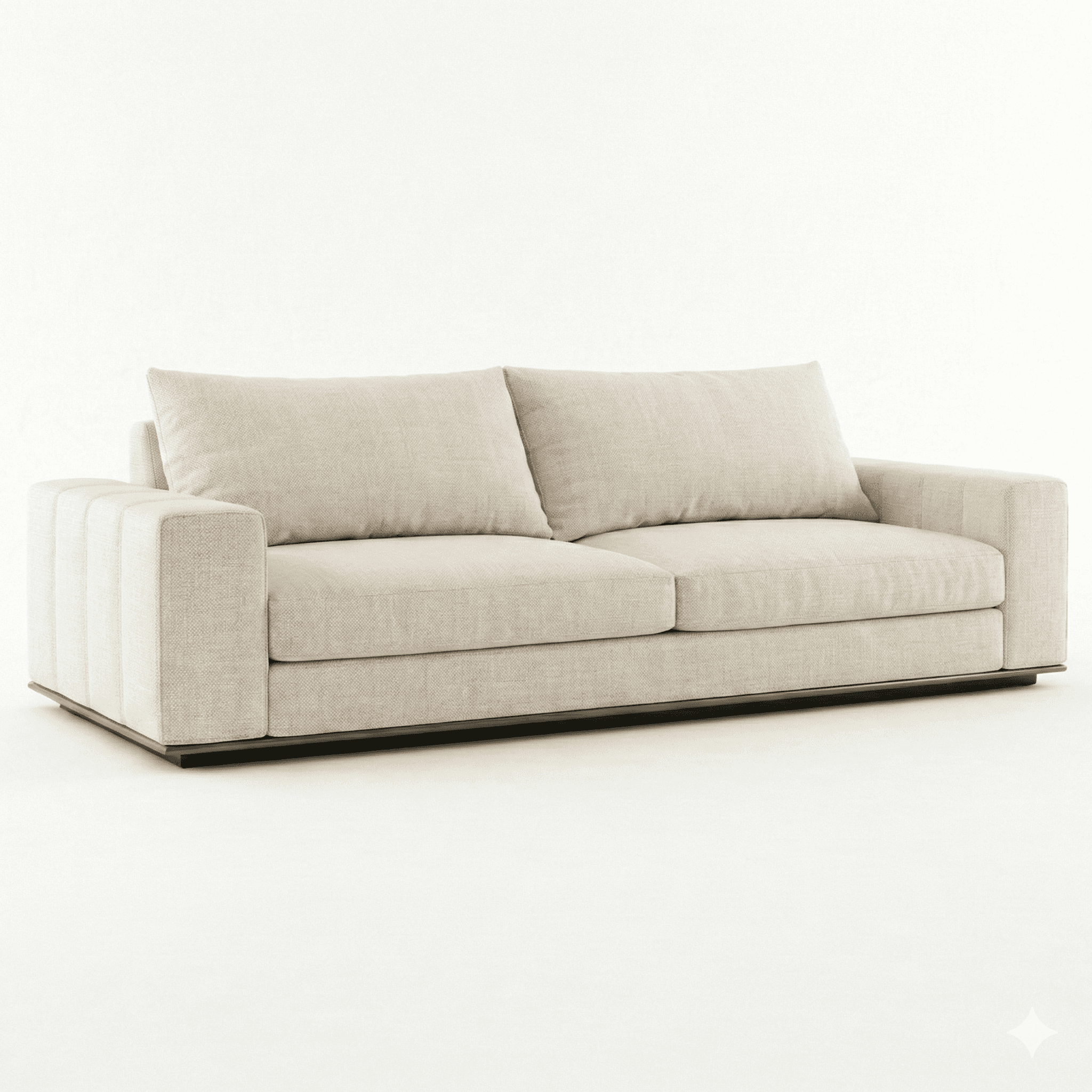 A contemporary two-seater sofa upholstered in a light beige textured fabric, featuring wide, square… — 3D model