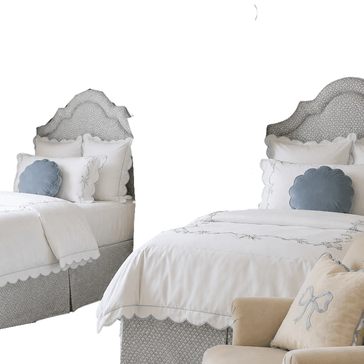 An upholstered bed featuring a distinctive scalloped headboard and a matching skirted base, covered… — 3D model