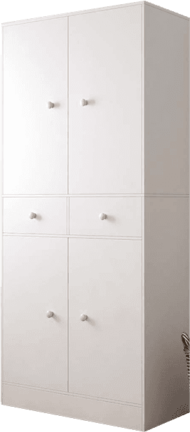 A tall, slender white storage cabinet featuring two pairs of closed doors and two central drawers, a… — 3D model