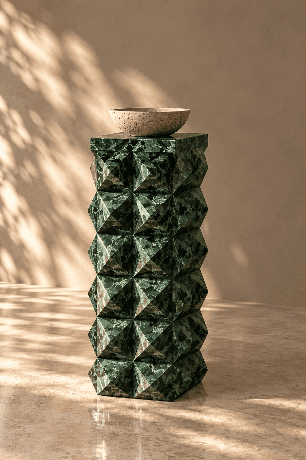 A tall, rectangular display pedestal made of dark green marble, featuring a relief pattern of pyrami… — 3D model