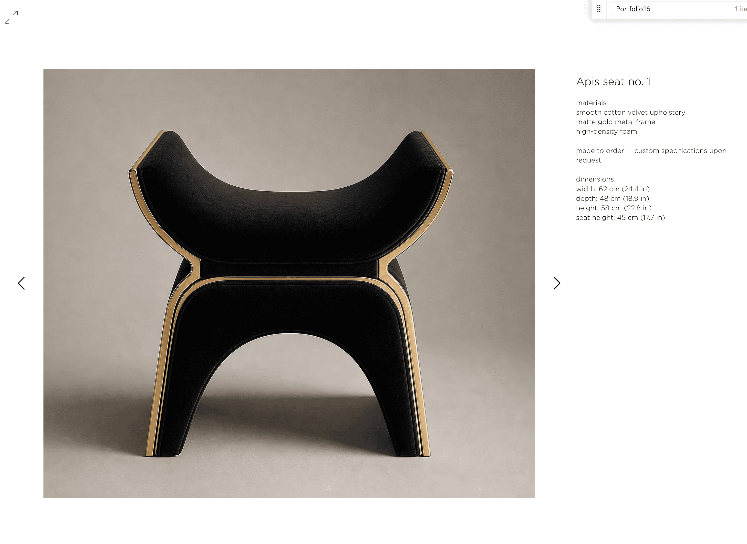 A modern sculptural stool upholstered in black velvet with a matte gold metal frame. The design feat… — 3D model