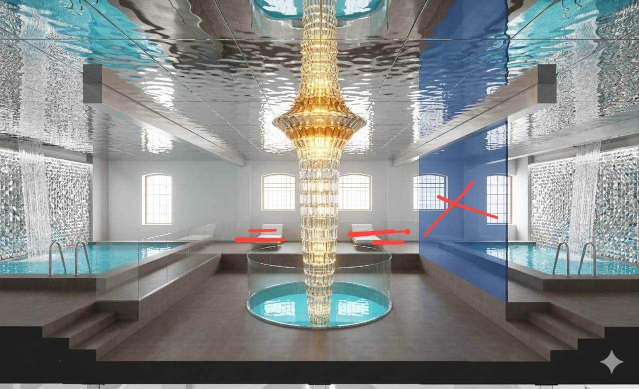 An elongated, symmetrical chandelier featuring a complex construction of numerous facet-cut crystal… — 3D model