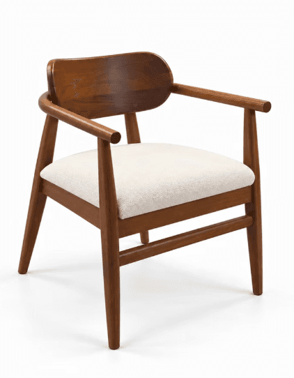 A well-lit, front-facing image of a mid-century modern armchair featuring a solid wood frame with a… — 3D model