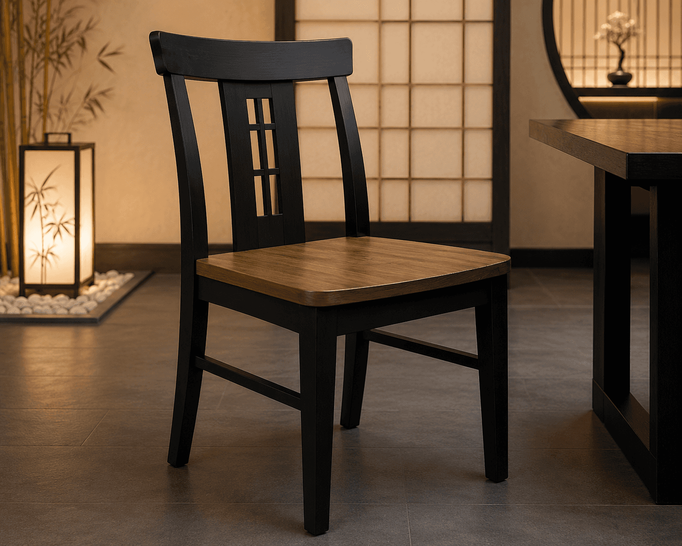 A wooden dining chair featuring a two-tone finish, with a black frame and a brown seat. The backrest… — 3D model