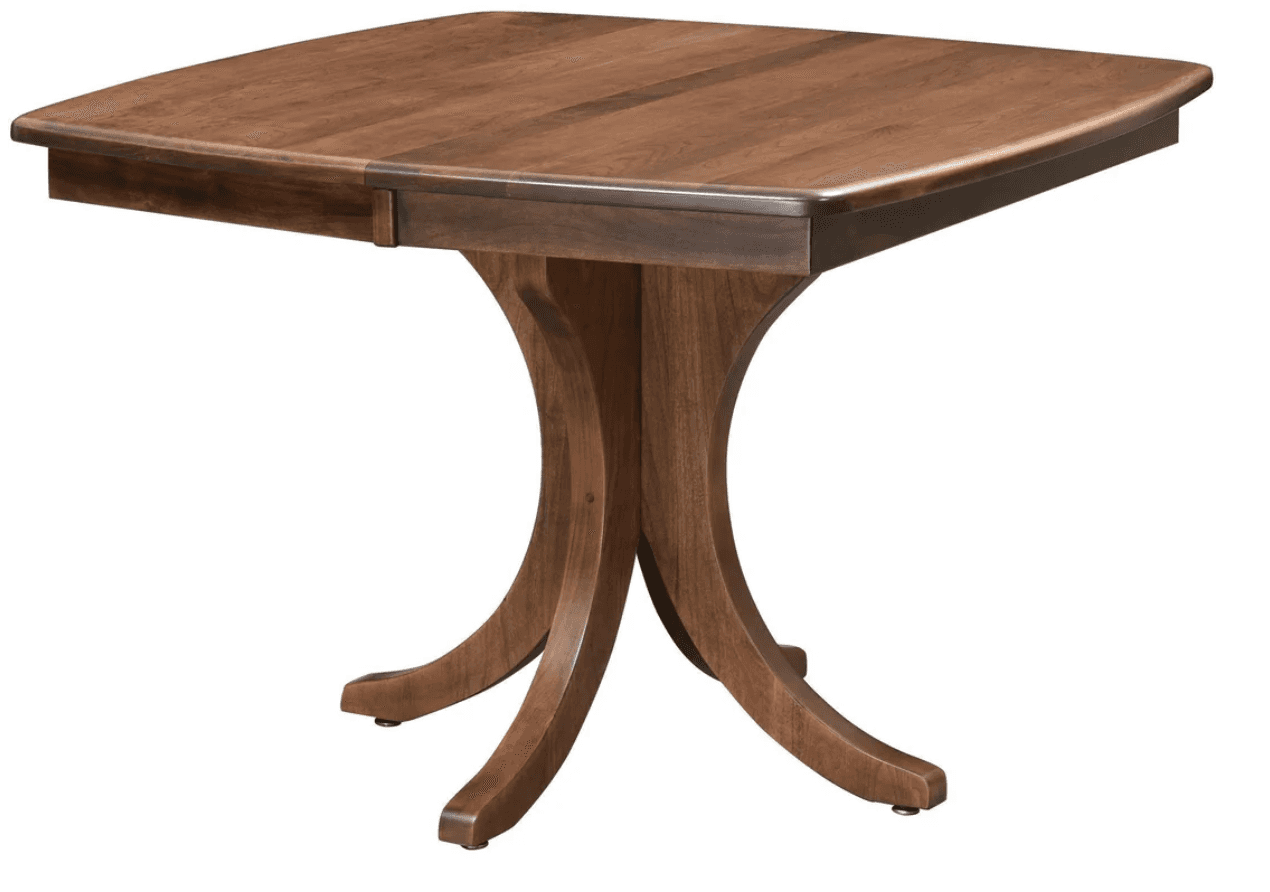 A square-top dining table with rounded corners, featuring a pedestal base composed of four curved le… — 3D model