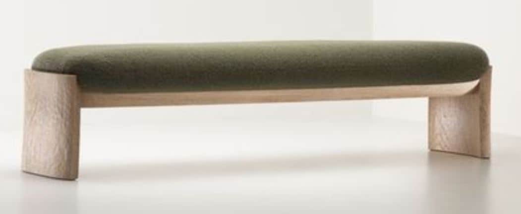 A modern upholstered bench featuring a minimalist light wood frame with rounded edges, supporting a… — free SKP 3D model