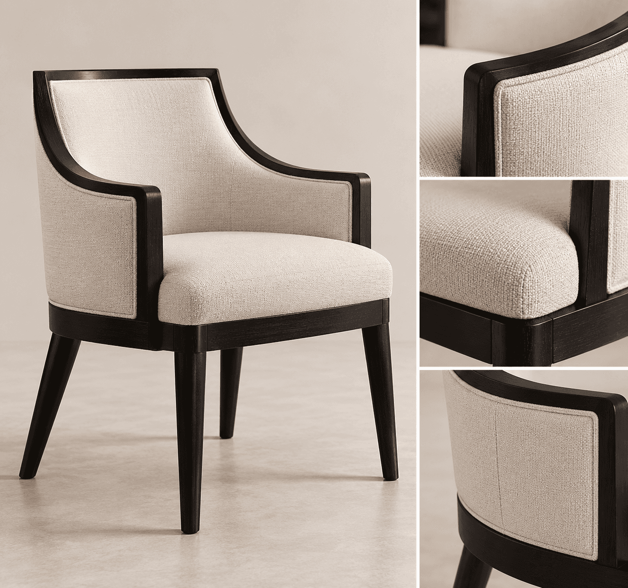 An elegant upholstered armchair featuring a dark wood frame with a light-colored fabric. The chair h… — free FBX 3D model