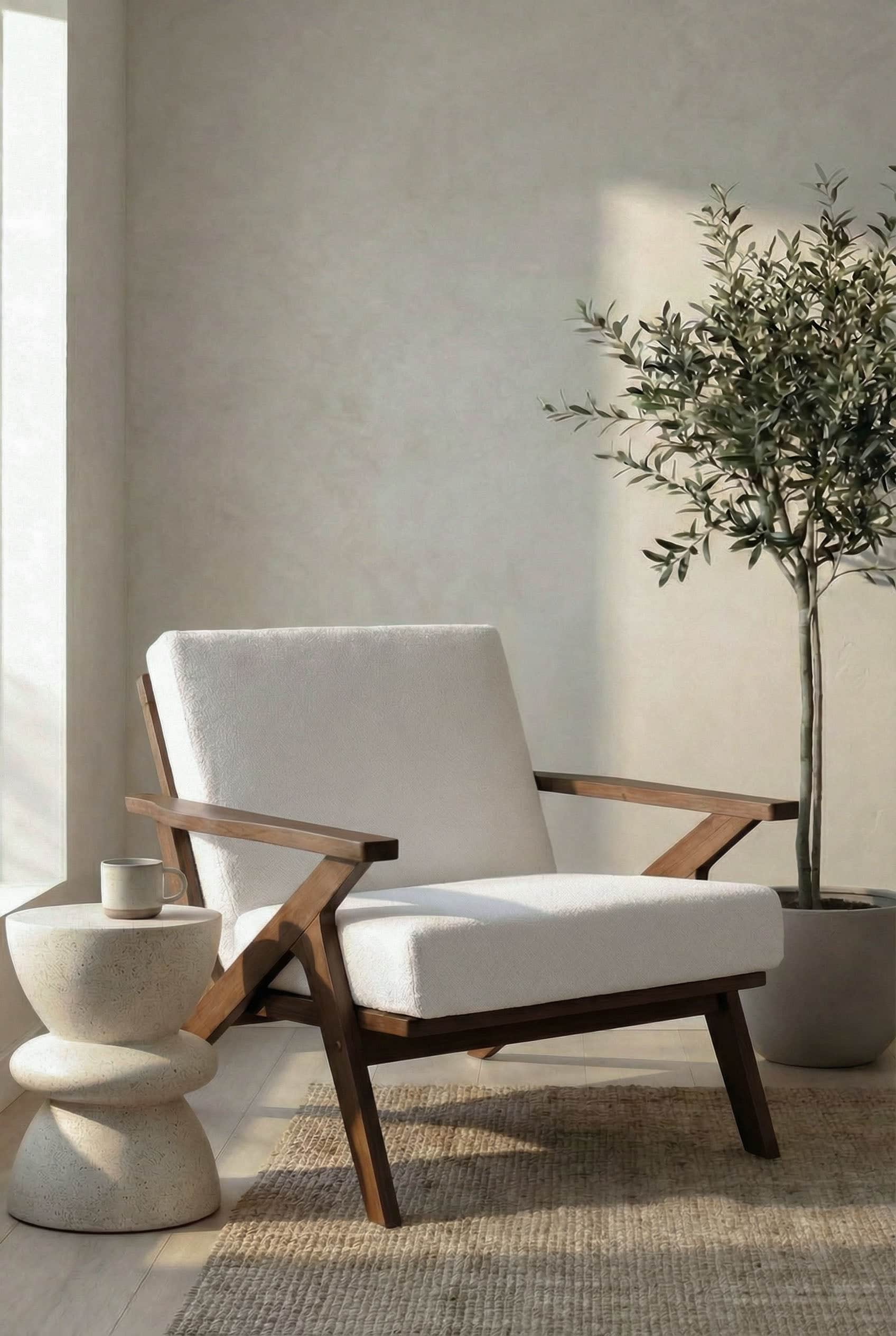 A modern armchair with a wooden frame and upholstered seat and back. The frame features angled legs… — 3D model