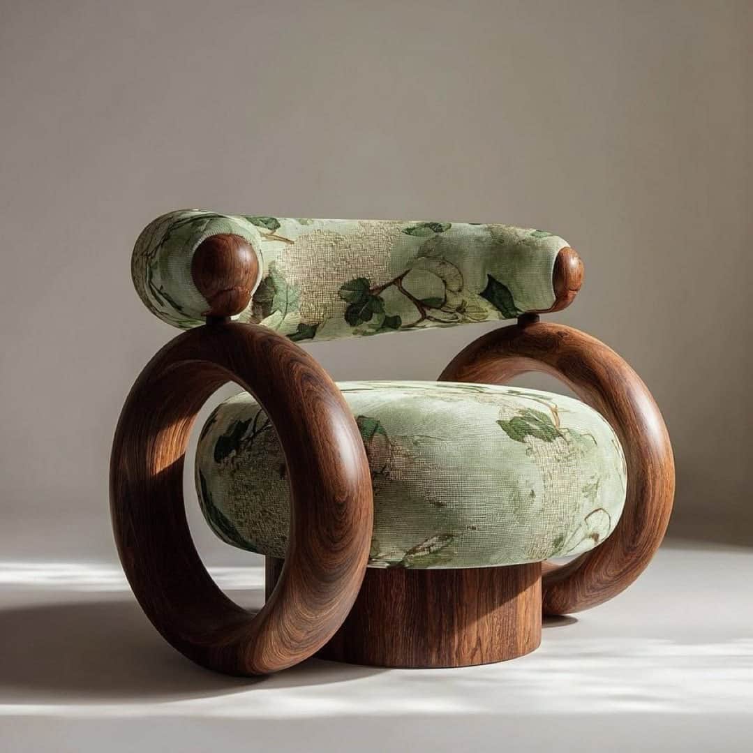 A contemporary armchair featuring a unique design with toroidal armrests and a cylindrical base. The… — free SKP 3D model