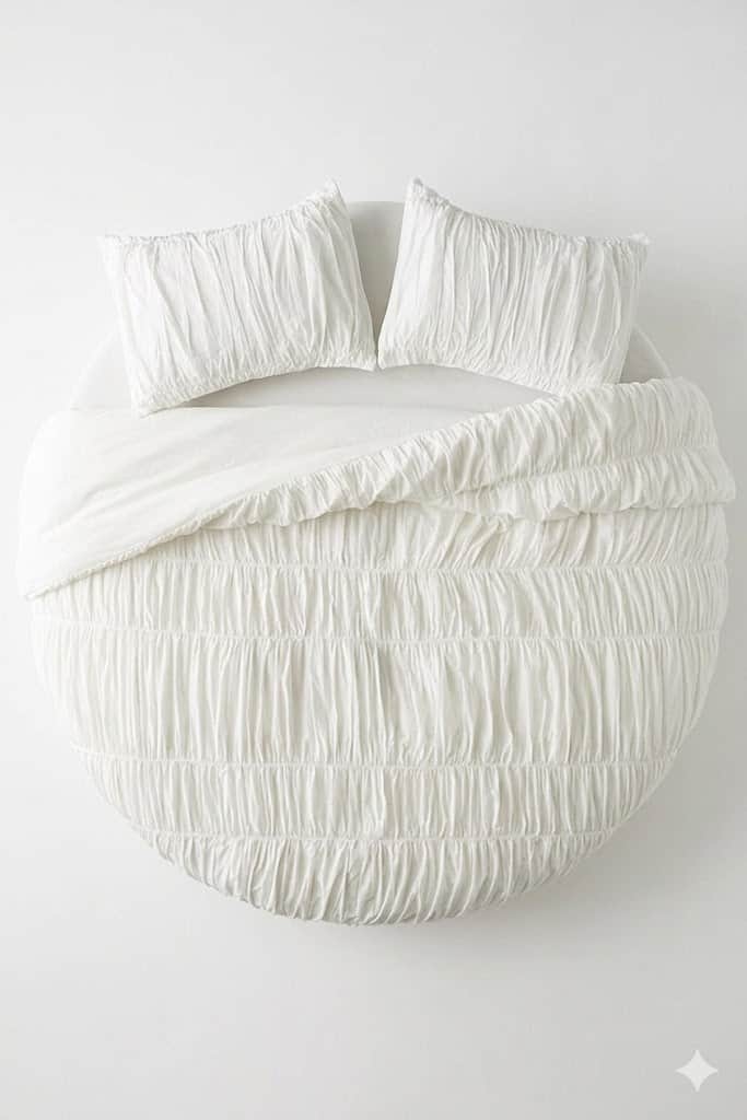 A top-down view of a circular platform bed adorned with a white shirred duvet cover and two matching… — 3D model