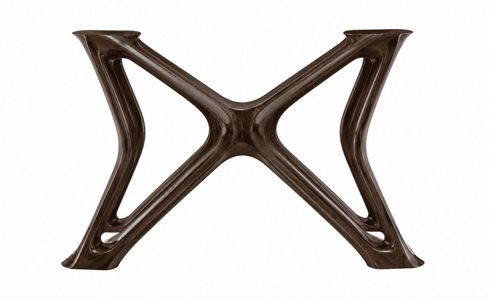 A sculptural table base crafted from dark walnut wood, featuring an X-shaped organic design with sin… — free GLTF 3D model