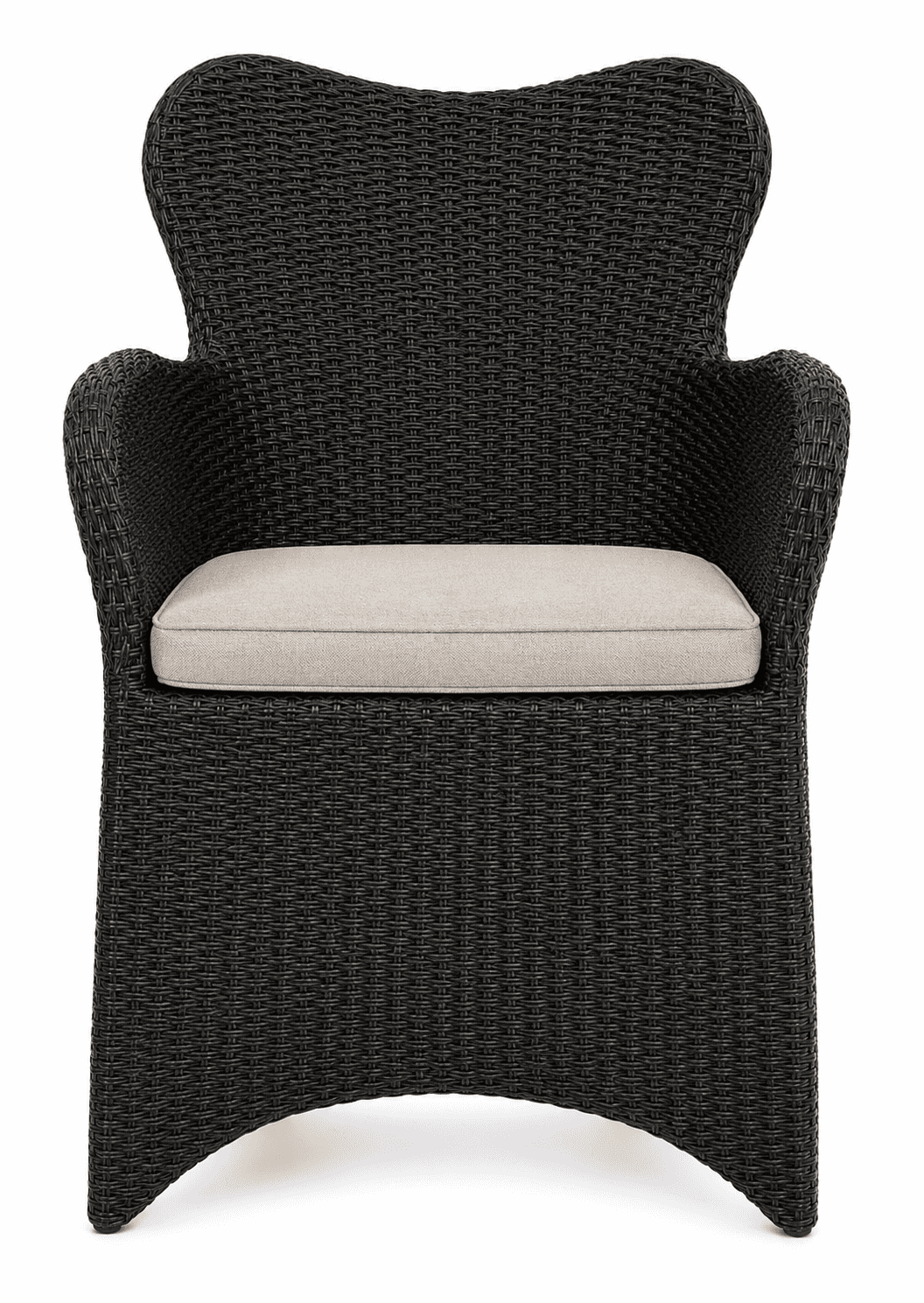 A dark brown (almost black) woven armchair with a distinctive curved back and integrated armrests, f… — 3D model