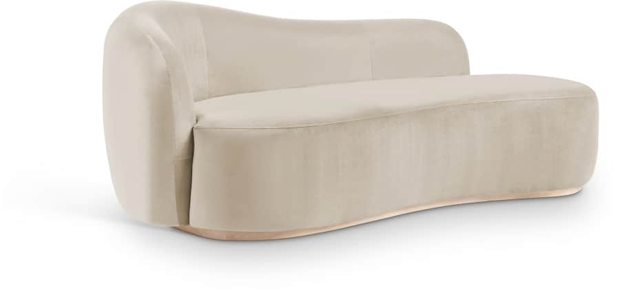 An elegant, contemporary chaise lounge upholstered in a smooth, light beige velvet fabric. It featur… — 3D model