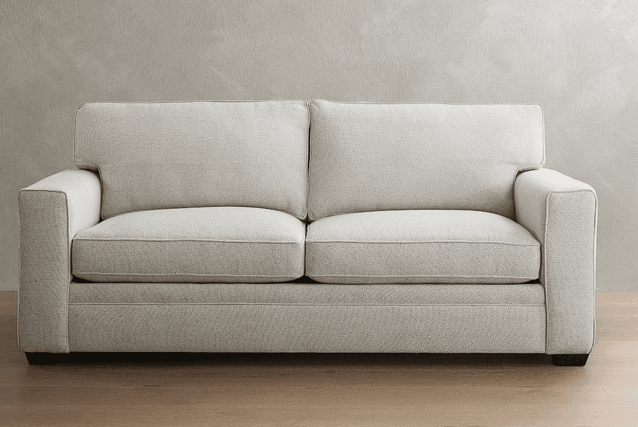 A contemporary upholstered two-seater sofa, commonly known as a loveseat, featuring square track arm… — 3D model