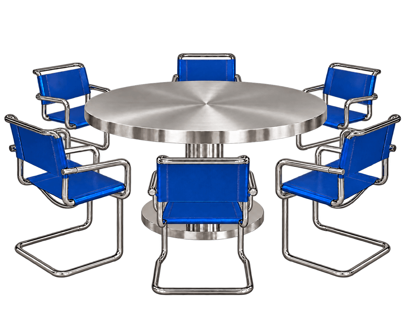 A modern dining set featuring a round, brushed stainless steel table with a central pedestal base an… — 3D model