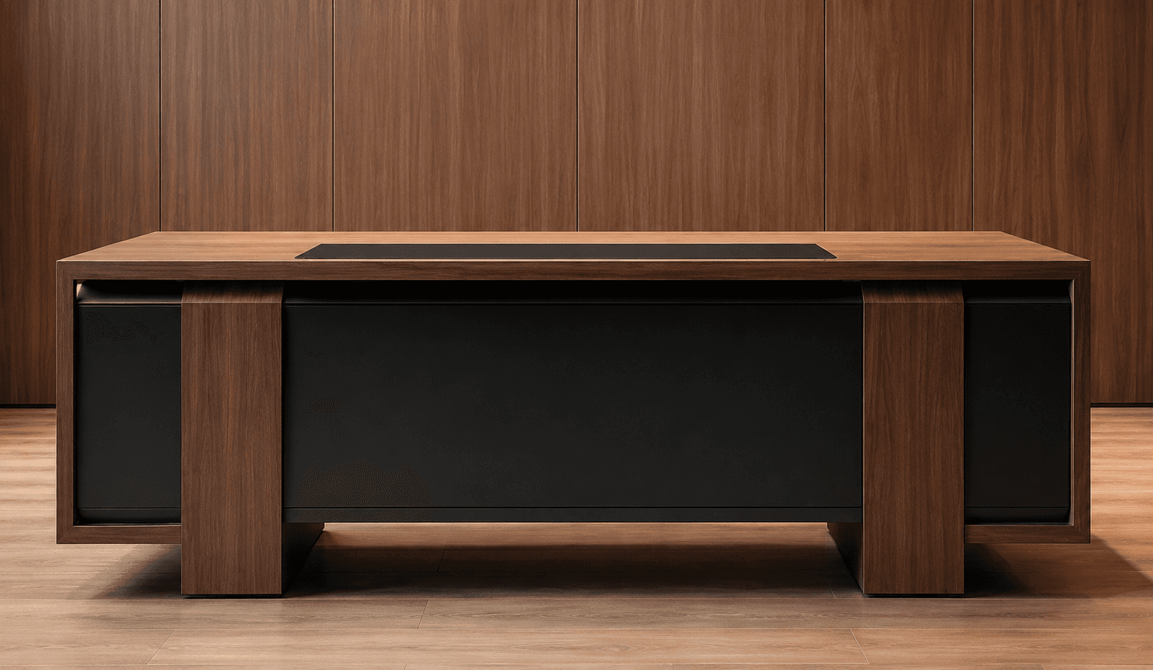 A modern executive desk with a substantial rectangular form, featuring a dark walnut wood veneer fin… — 3D model
