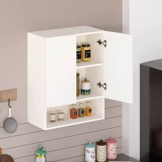 A minimalist, white wall-mounted kitchen cabinet featuring a single hinged door and multiple interna… — 3D model