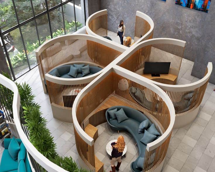 A modular multi-pod seating system composed of four interlinked semi-enclosed units, each featuring… — free STL 3D model