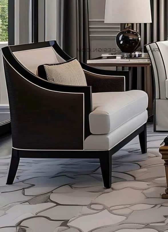 A contemporary armchair featuring a distinctive dark brown wooden frame with elegant curved lines an… — 3D model