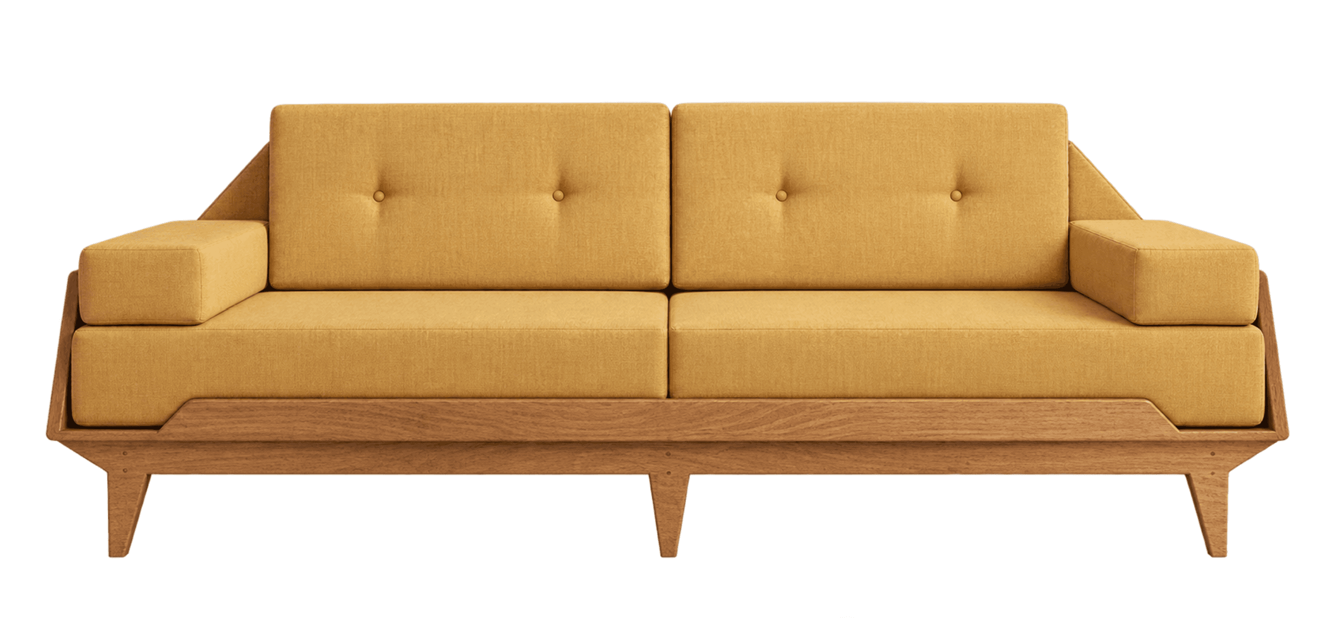 A modern two-seater sofa featuring a distinctive exposed wooden frame and mustard yellow fabric upho… — free BLEND 3D model
