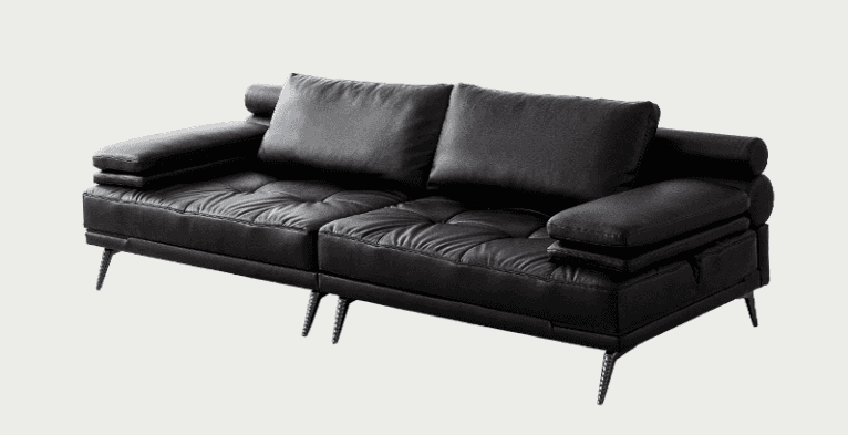 A modern black leather two-seater sofa featuring plush back cushions, slightly tufted seat cushions,… — 3D model